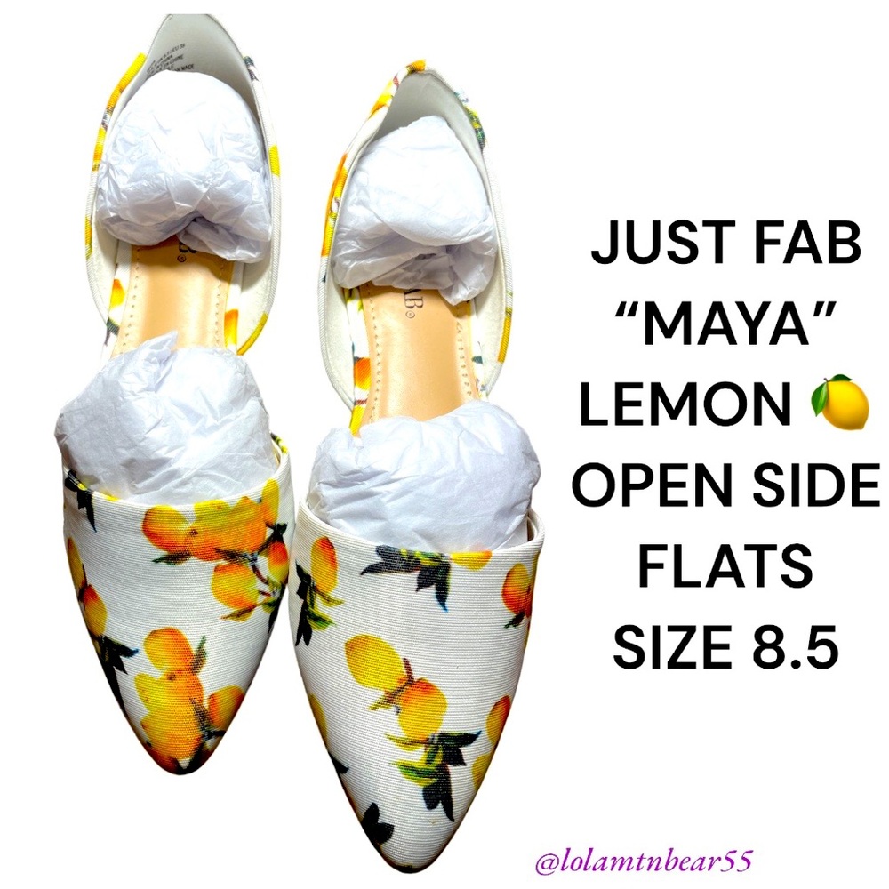JUST FAB BRAND “MAYA” LEMON 🍋 FLATS, SIZE 8.5-OPEN SIDES, EXCELLENT CONDITION